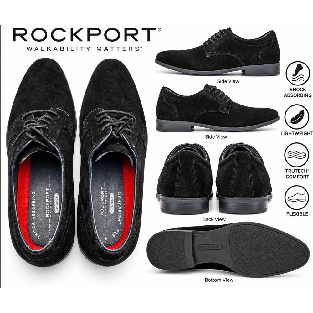 Rockport Mens Oxford Shoe Size 10.5 Black Suede Dress Shoe Lace Up with truTECH